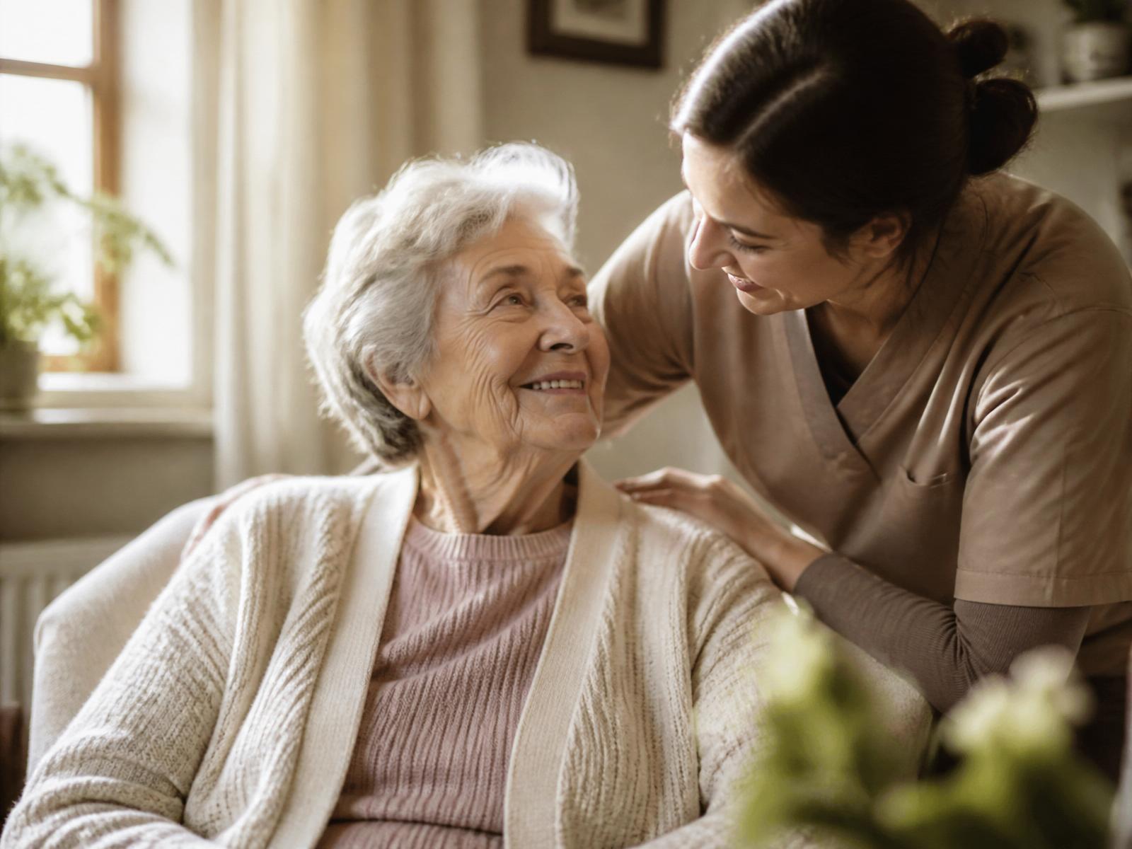 A caregiver smiles with a senior at home